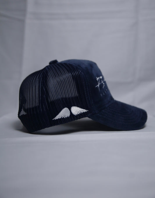 'FEAR NO EVIL' Velvet Trucker Hat BLUE