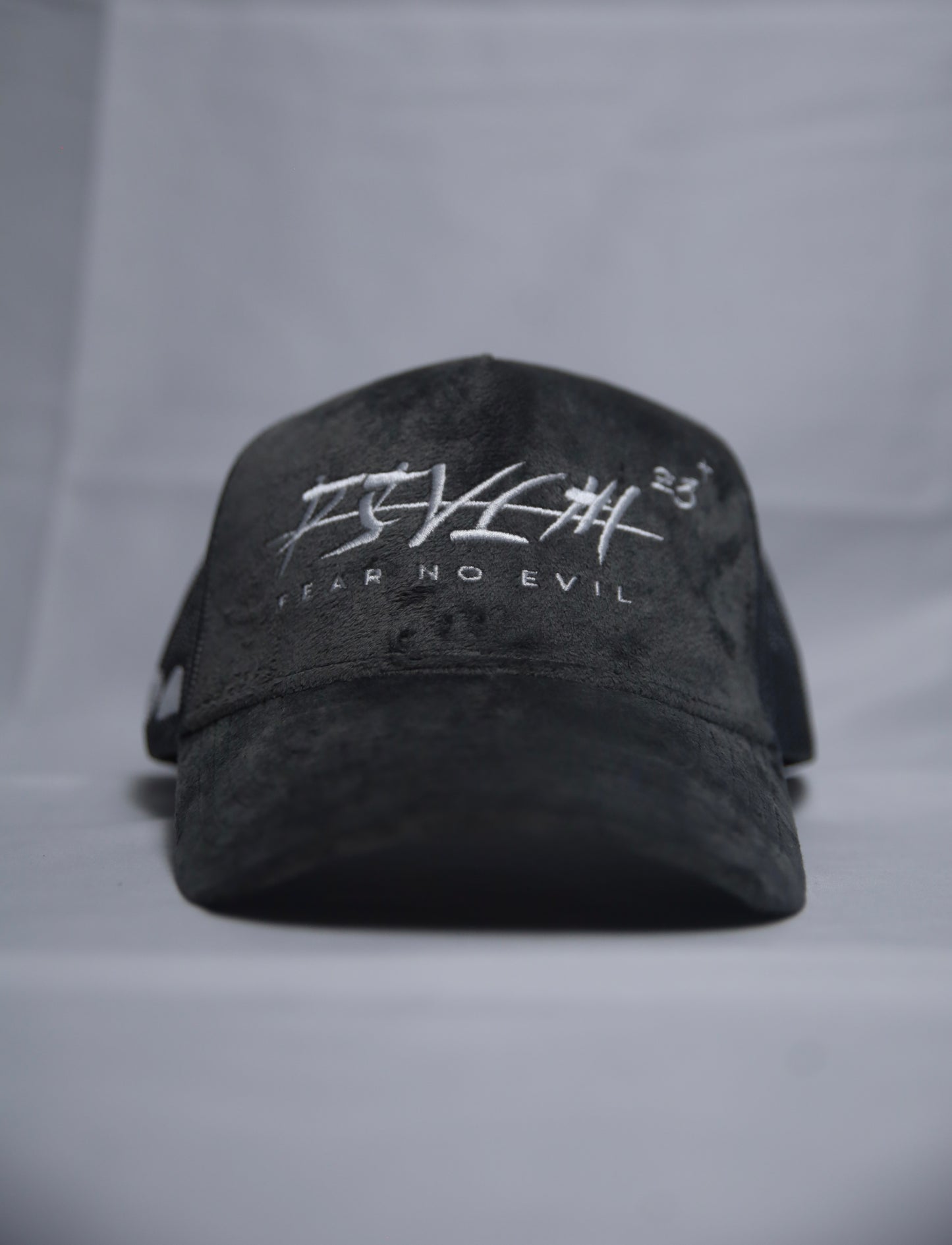 'FEAR NO EVIL' Velvet Trucker Hat GREY