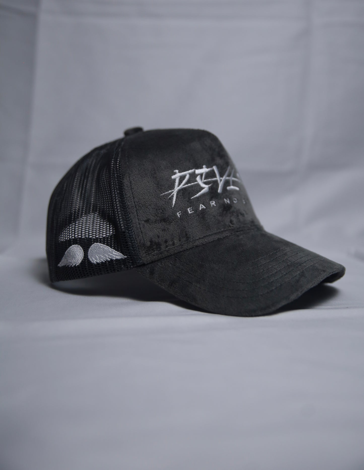 'FEAR NO EVIL' Velvet Trucker Hat GREY