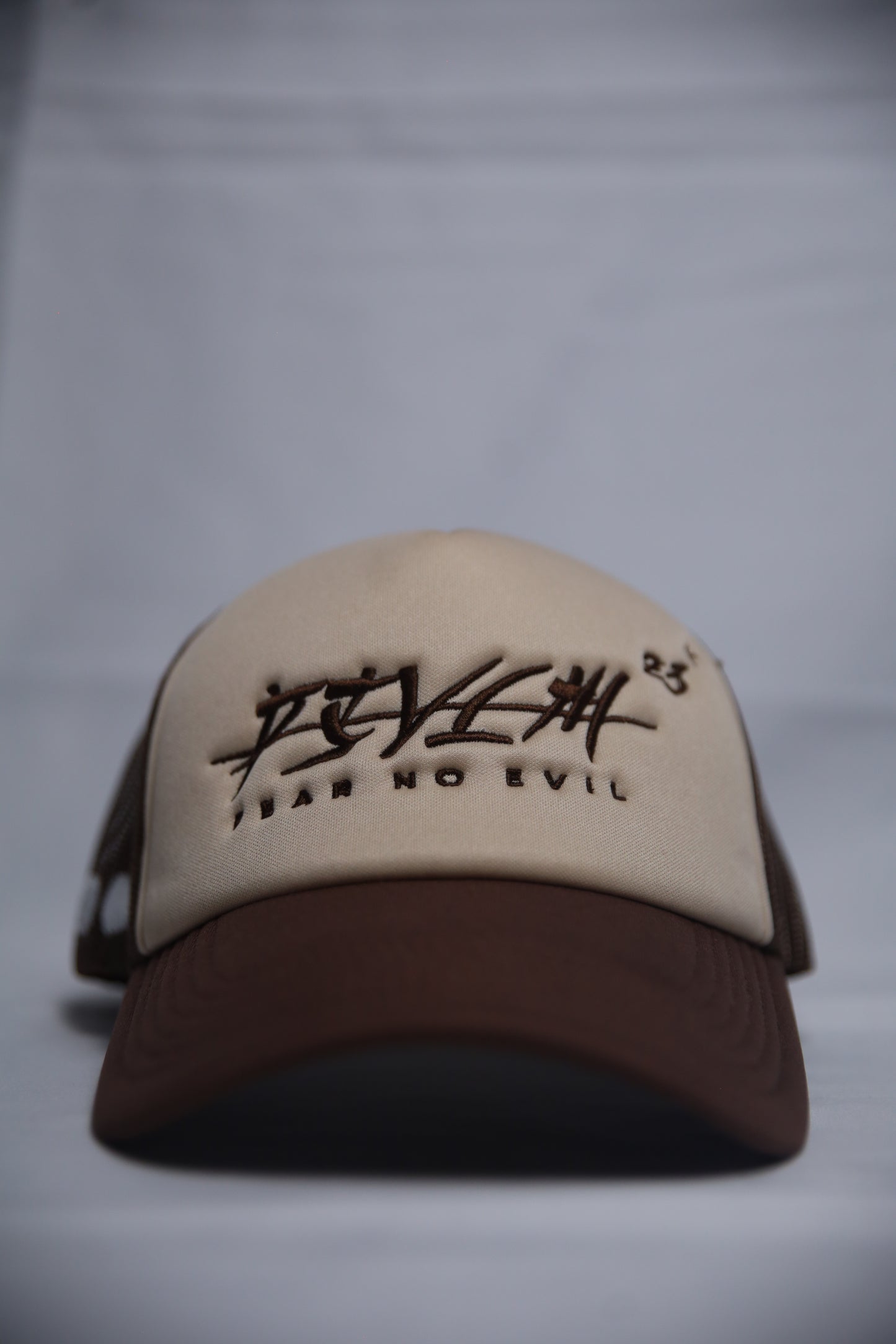 'FEAR NO EVIL' Velvet Trucker Hat BROWN 'FOAM'