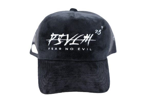 'FEAR NO EVIL' Velvet Trucker Hat BLACK