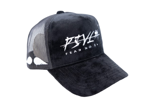 'FEAR NO EVIL' Velvet Trucker Hat BLACK