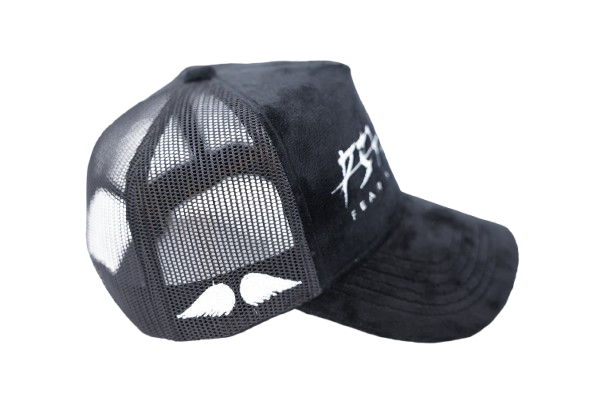 FEAR NO EVIL' Velvet Trucker Hat BLACK – PSVLM23 FEAR NO EVIL' Velvet Trucker Hat BLACK – PSVLM23