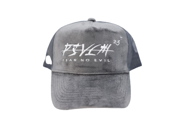 'FEAR NO EVIL' Velvet Trucker Hat GREY