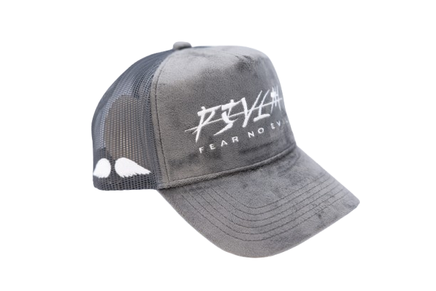 'FEAR NO EVIL' Velvet Trucker Hat GREY