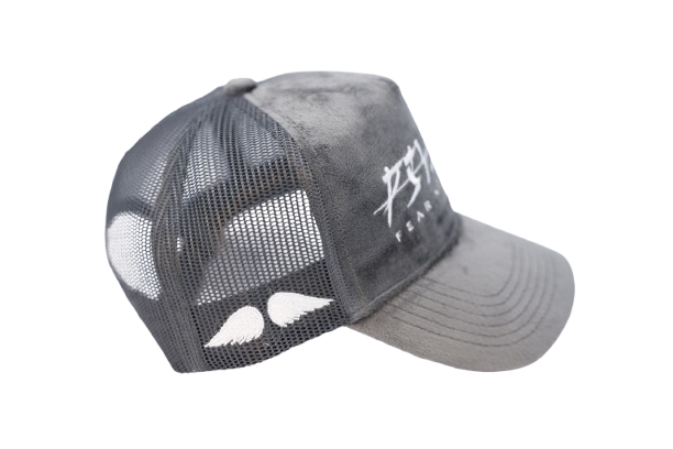 'FEAR NO EVIL' Velvet Trucker Hat GREY