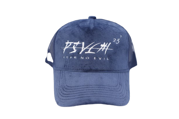 'FEAR NO EVIL' Velvet Trucker Hat BLUE