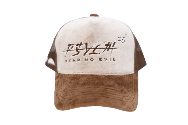 'FEAR NO EVIL' Velvet Trucker Hat BROWN