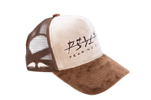 'FEAR NO EVIL' Velvet Trucker Hat BROWN